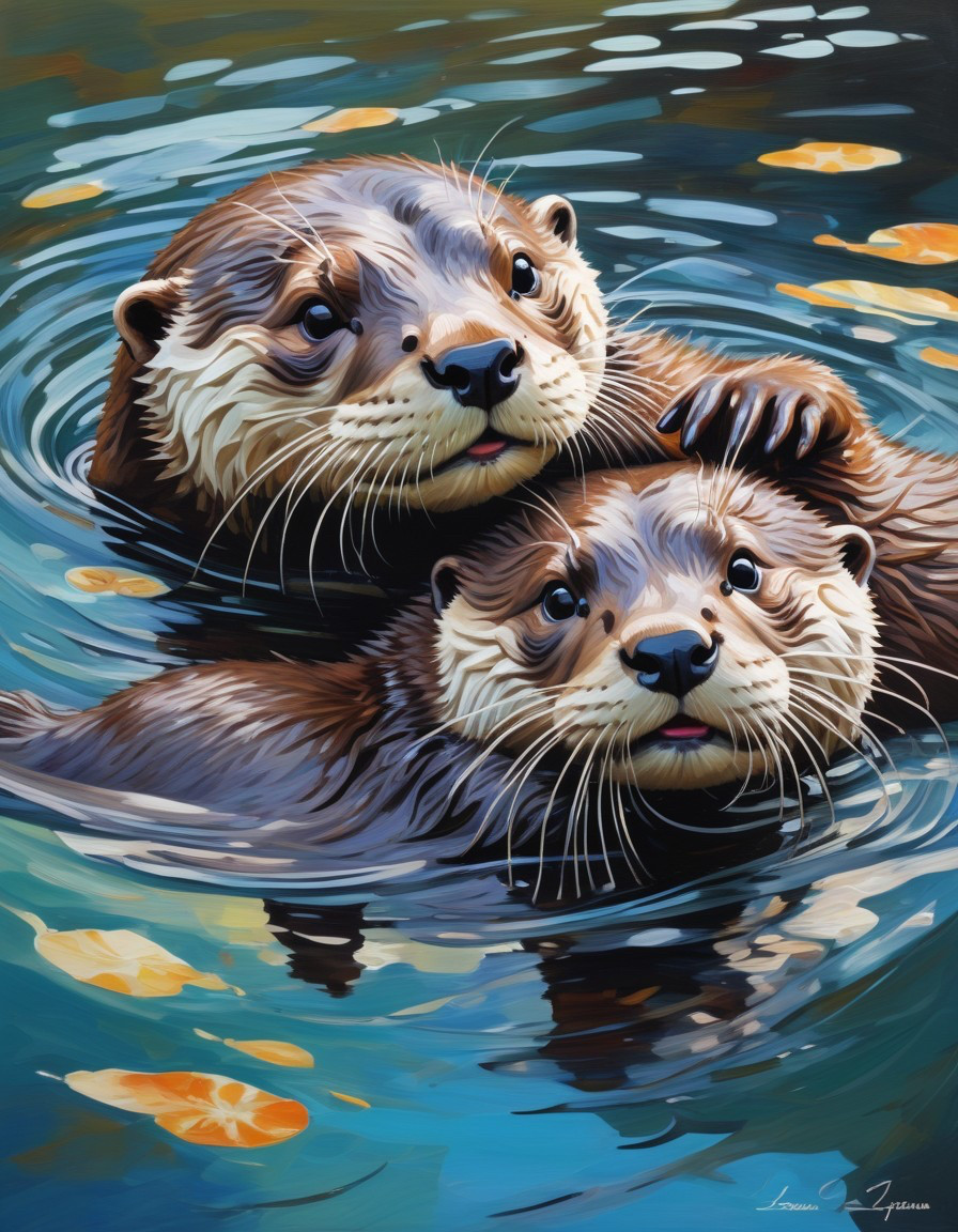 Playful Otters Floating in a Serene Autumn Pond