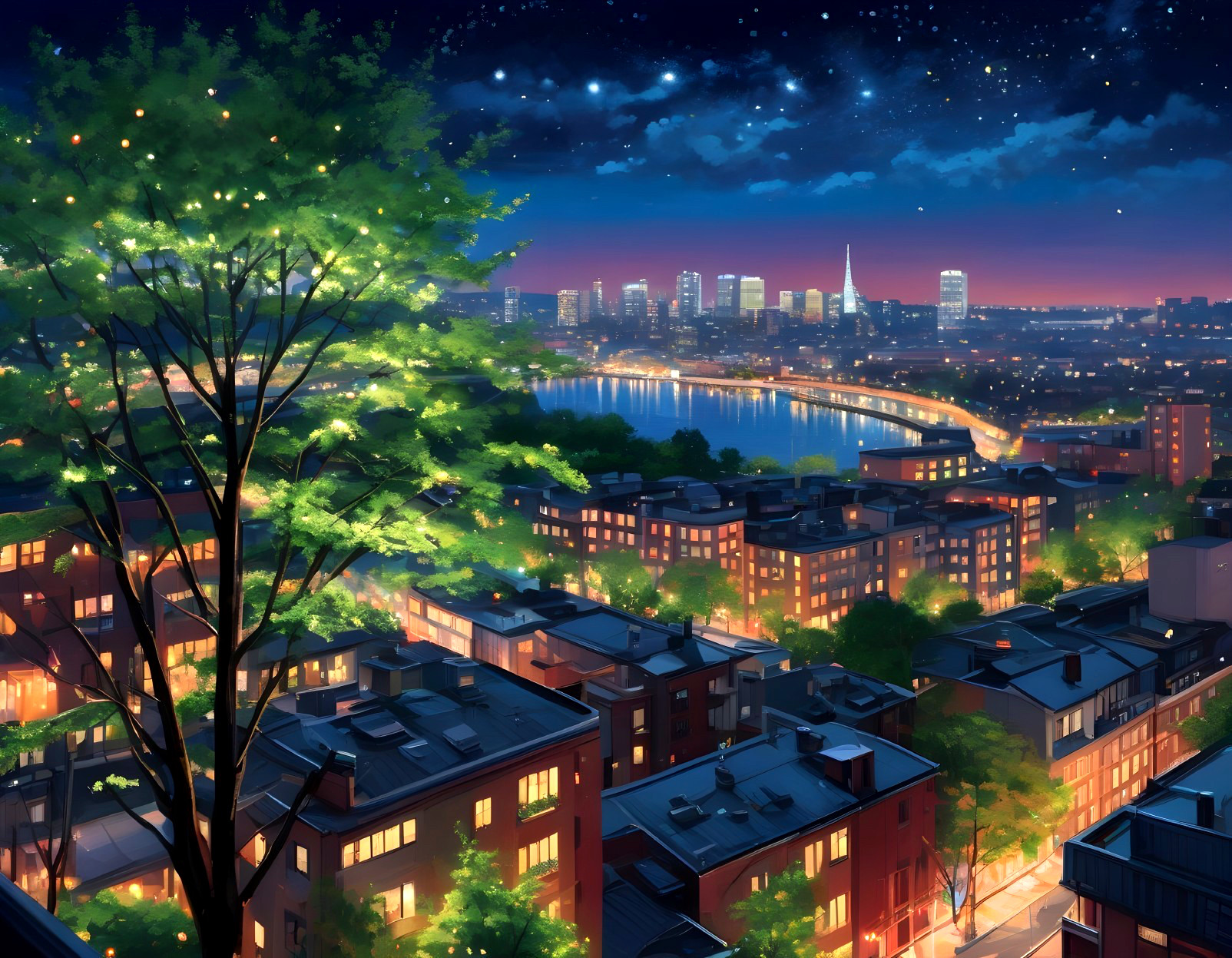 Vibrant Night Cityscape with River and Stars