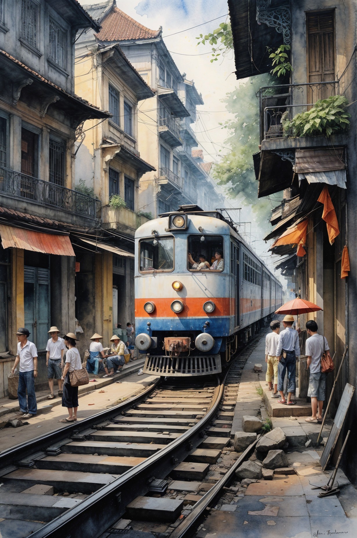 Vintage Train in Lively Urban Alley Scene