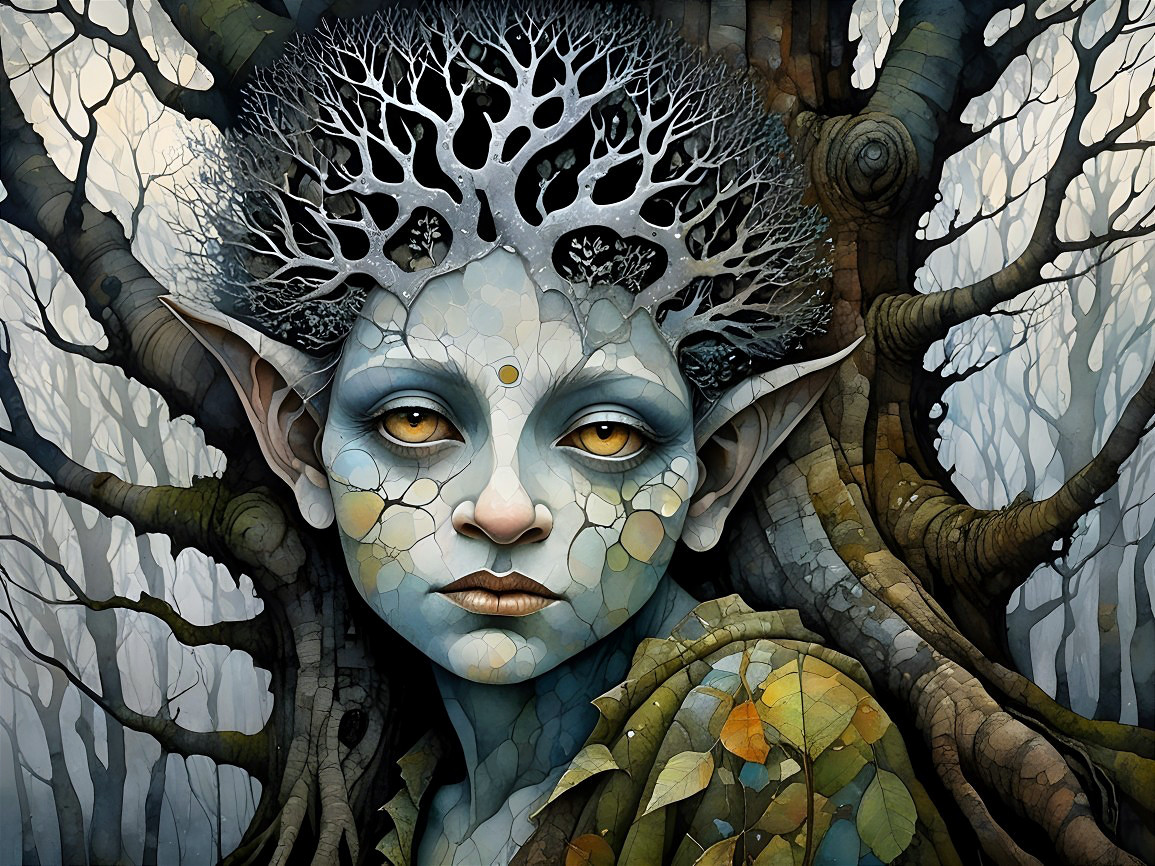 Surreal Figure with Tree-Like Hair and Mosaic Skin