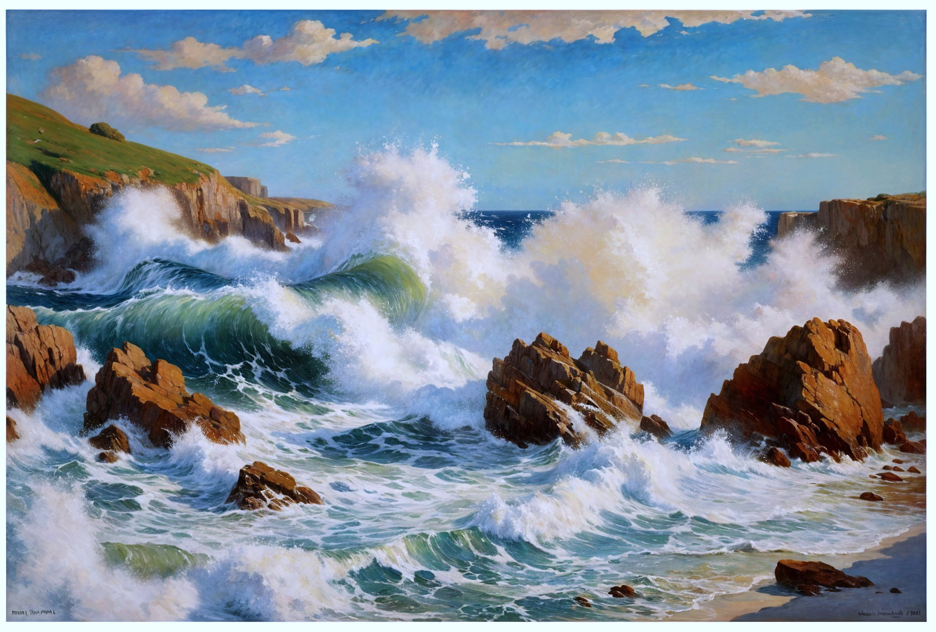 Vibrant Seascape with Waves and Rugged Rocks