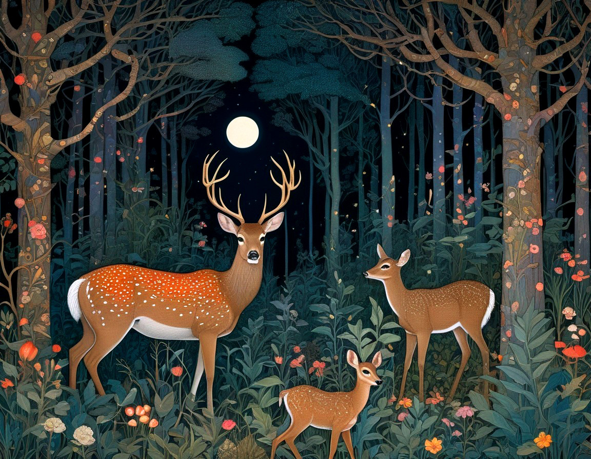 Deer Family in a Moonlit Forest with Colorful Flora