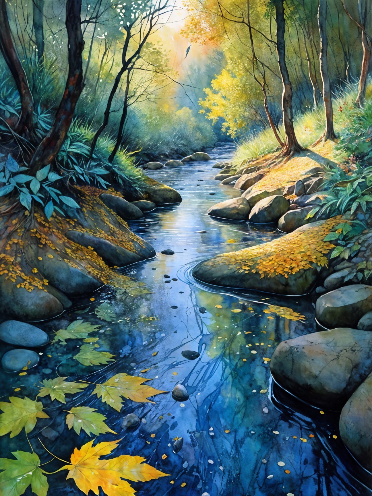Serene Landscape with Flowing Stream and Greenery