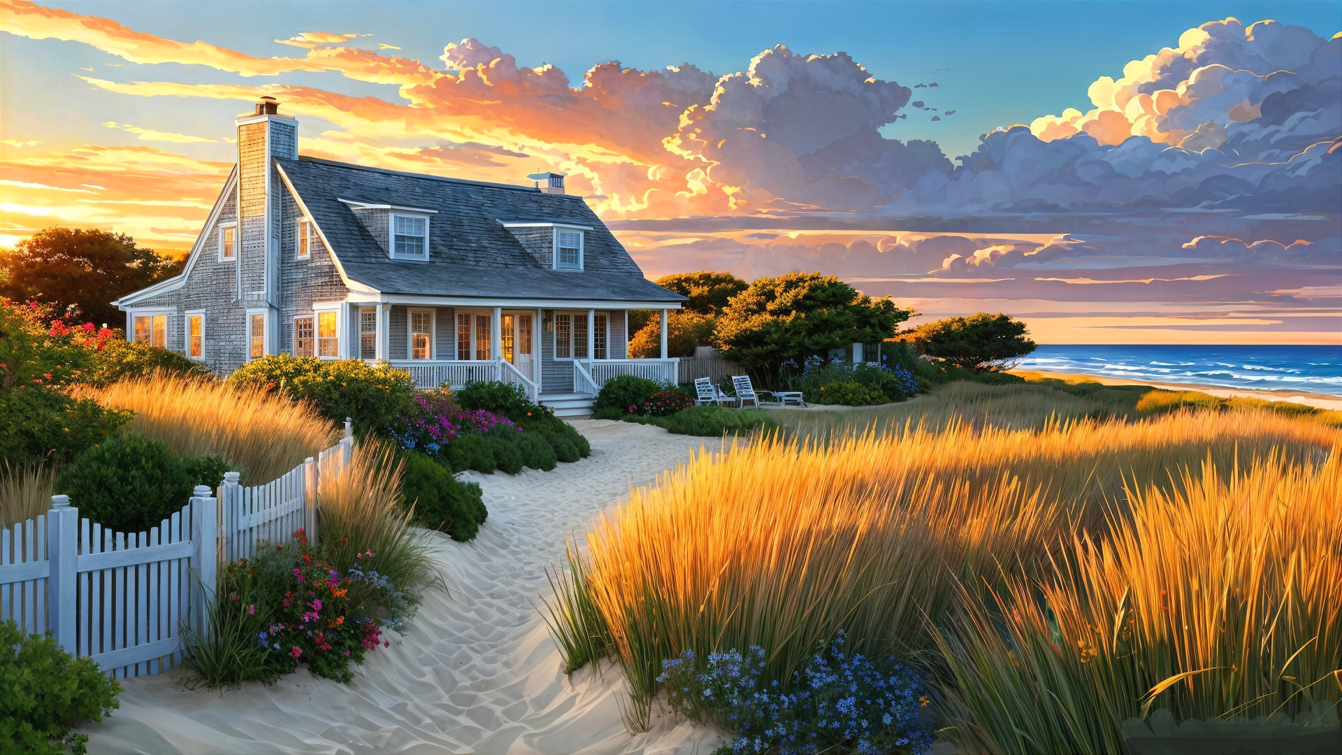 Coastal Cottage Surrounded by Grasses and Flowers