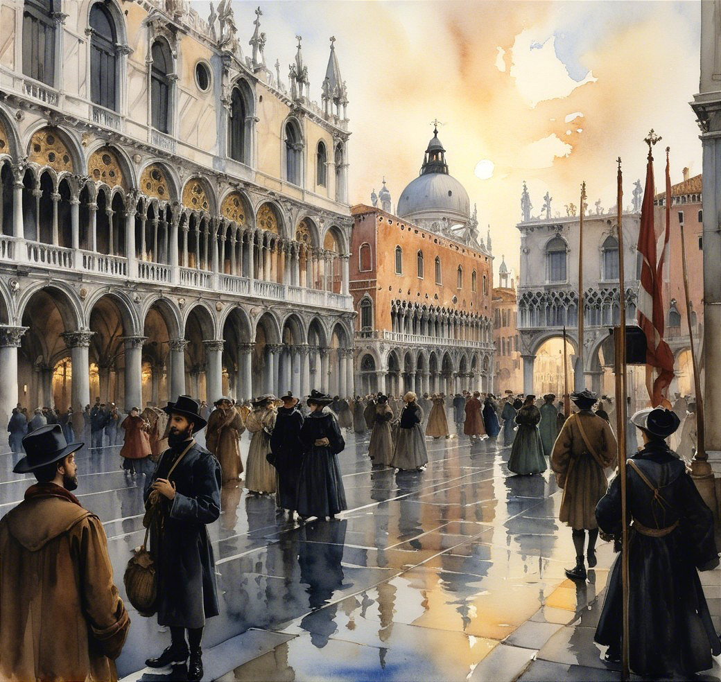 Historic city square with 19th-century attire and arches