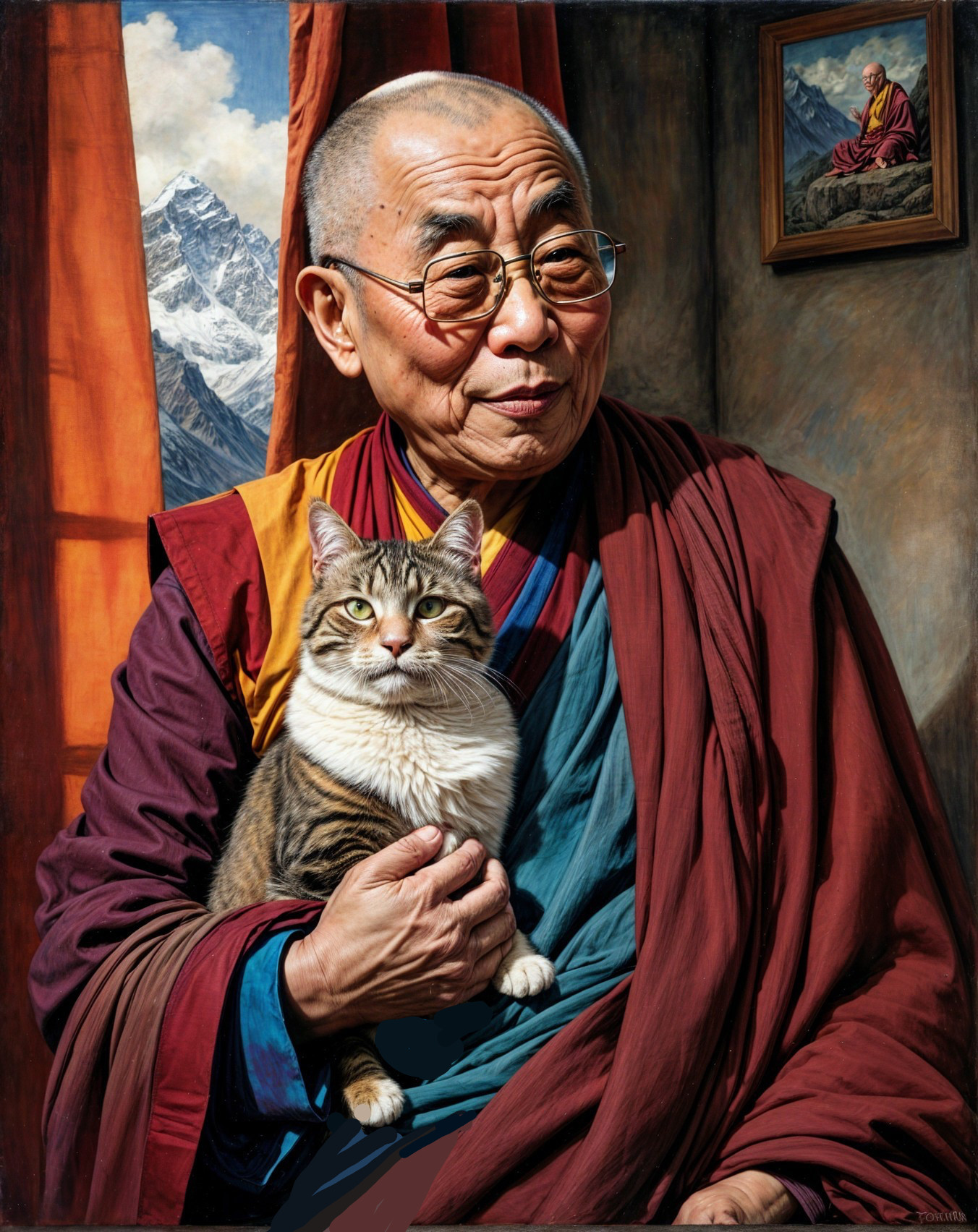 Monk with Tabby Cat in Serene Mountain Room