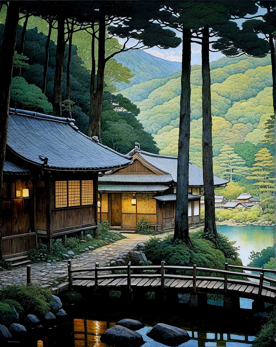 Serene Landscape with Wooden Architecture and Nature