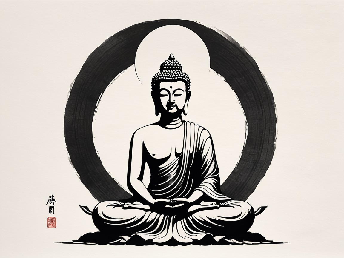 Stylized Buddha Depiction with Calligraphy and Brushstroke