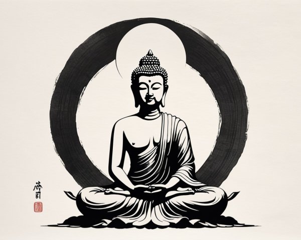 Stylized Buddha Depiction with Calligraphy and Brushstroke