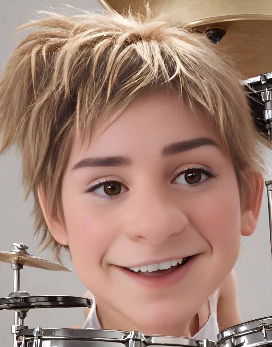 Cheerful Cartoon Boy Smiling Behind Drum Set