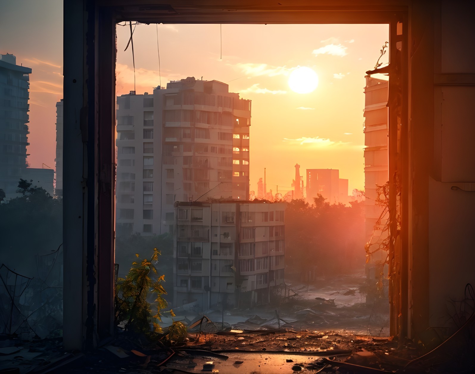 Sunset View Through Partially Collapsed Building Frame
