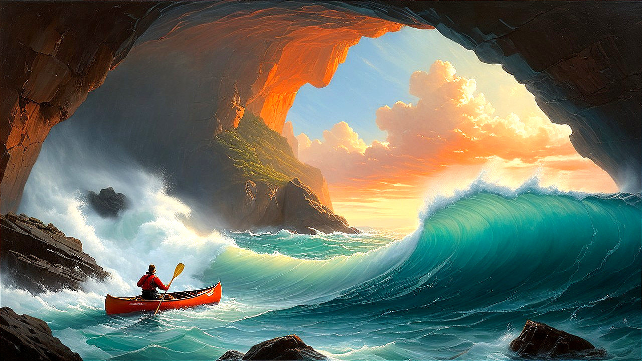 Kayaker in Turquoise Waters Surrounded by Cliffs