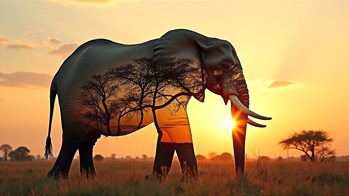 Silhouette of Elephant Against Vibrant Sunset Landscape