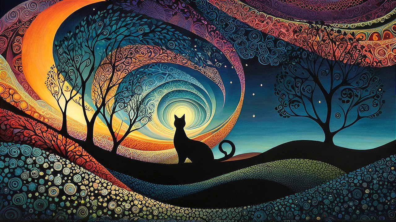 Whimsical Cat Silhouette Against Colorful Night Sky