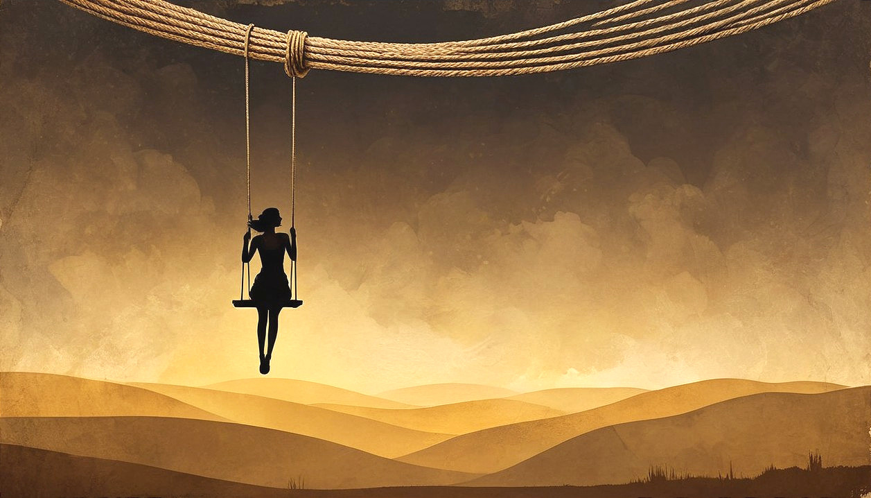 Solitary Figure on Swing in Arid Landscape