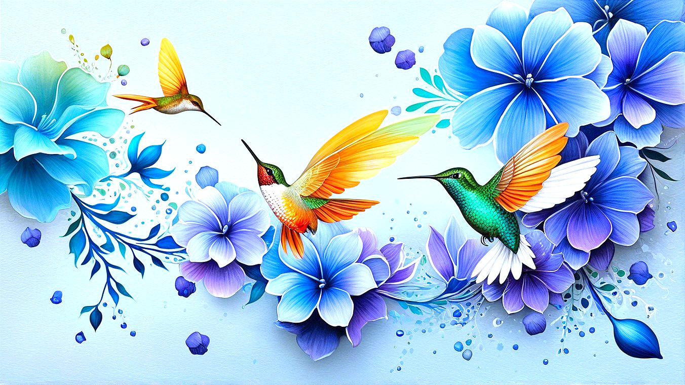 Colorful Hummingbirds Among Blue Hydrangeas Illustration