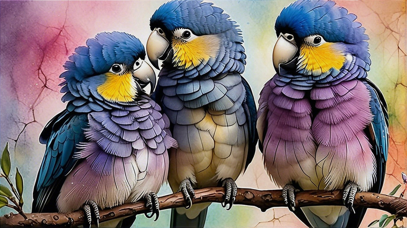 Vibrant Parrots on a Branch with Pastel Background