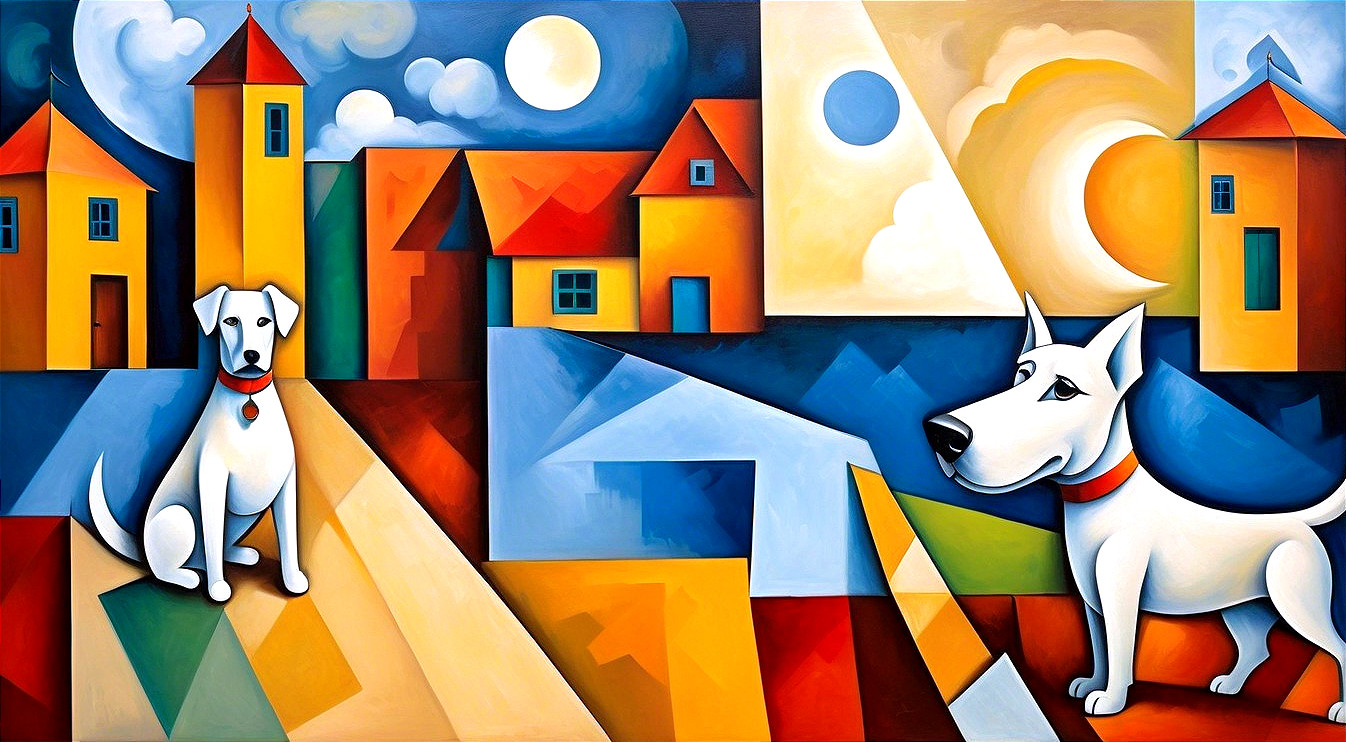 Abstract Painting of Dogs in Colorful Village Scene
