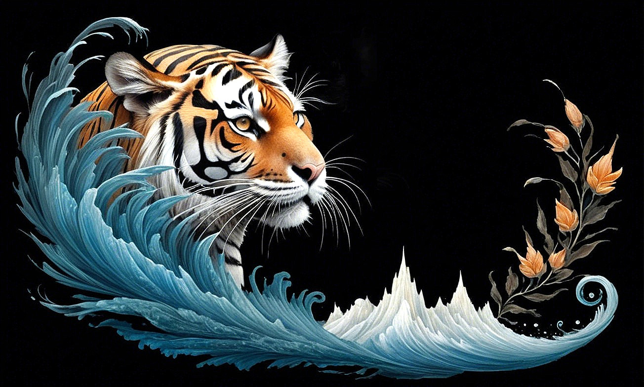 Tiger in Waves with Floral Elements and Dark Background