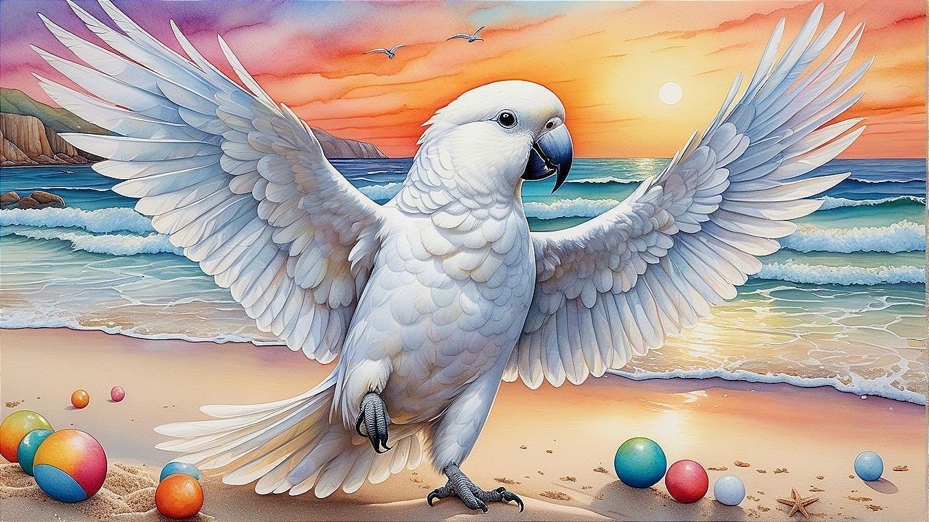 White Cockatoo on Beach at Sunset with Seagulls