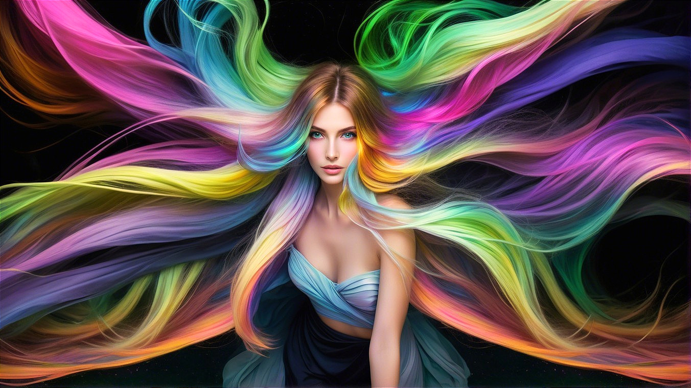 Vibrant Hair and Enchanting Expression in Dark Backdrop