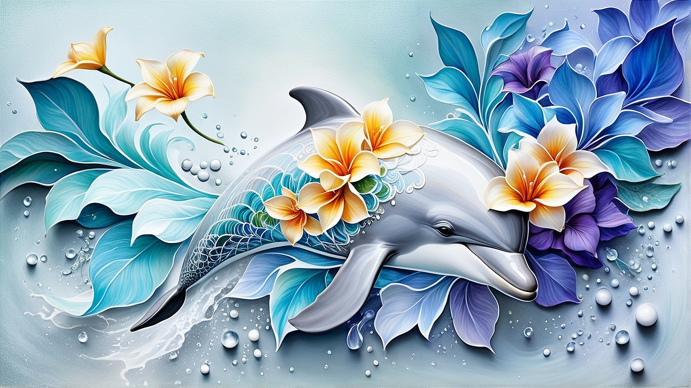 Vibrant Dolphin in Colorful Floral Ocean Scene