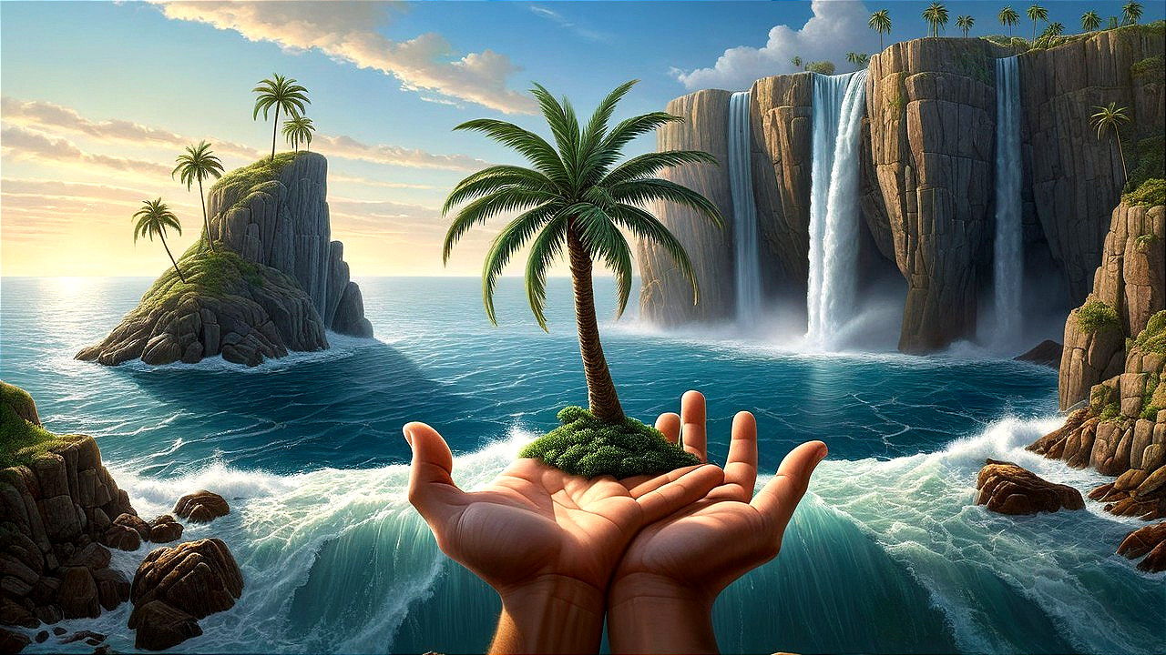 Vibrant Waterfall and Serene Island Landscape