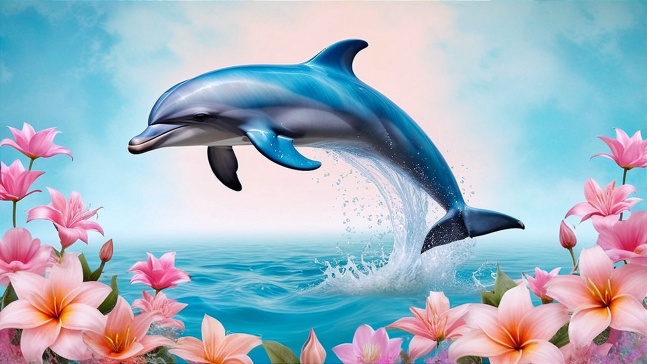 Dolphin Leaping in Turquoise Sea with Pink Flowers