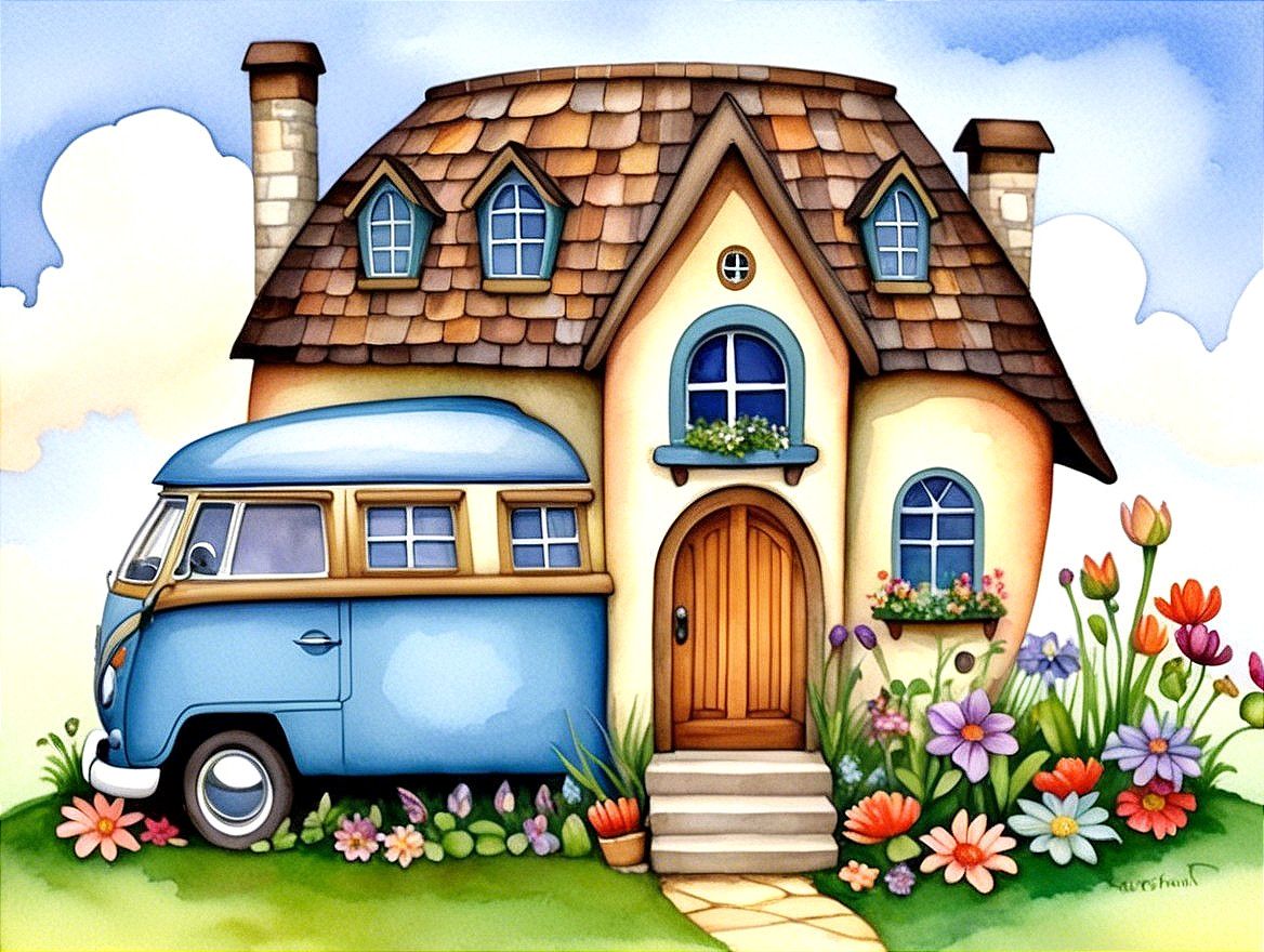 Colorful Cottage with Blue Van and Blooming Garden