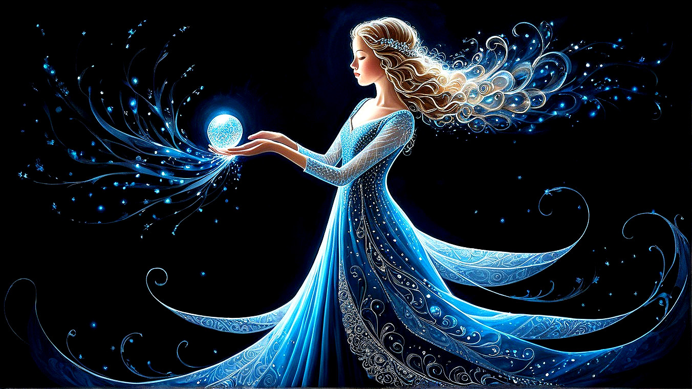 Elegant figure in blue gown with crystal orb