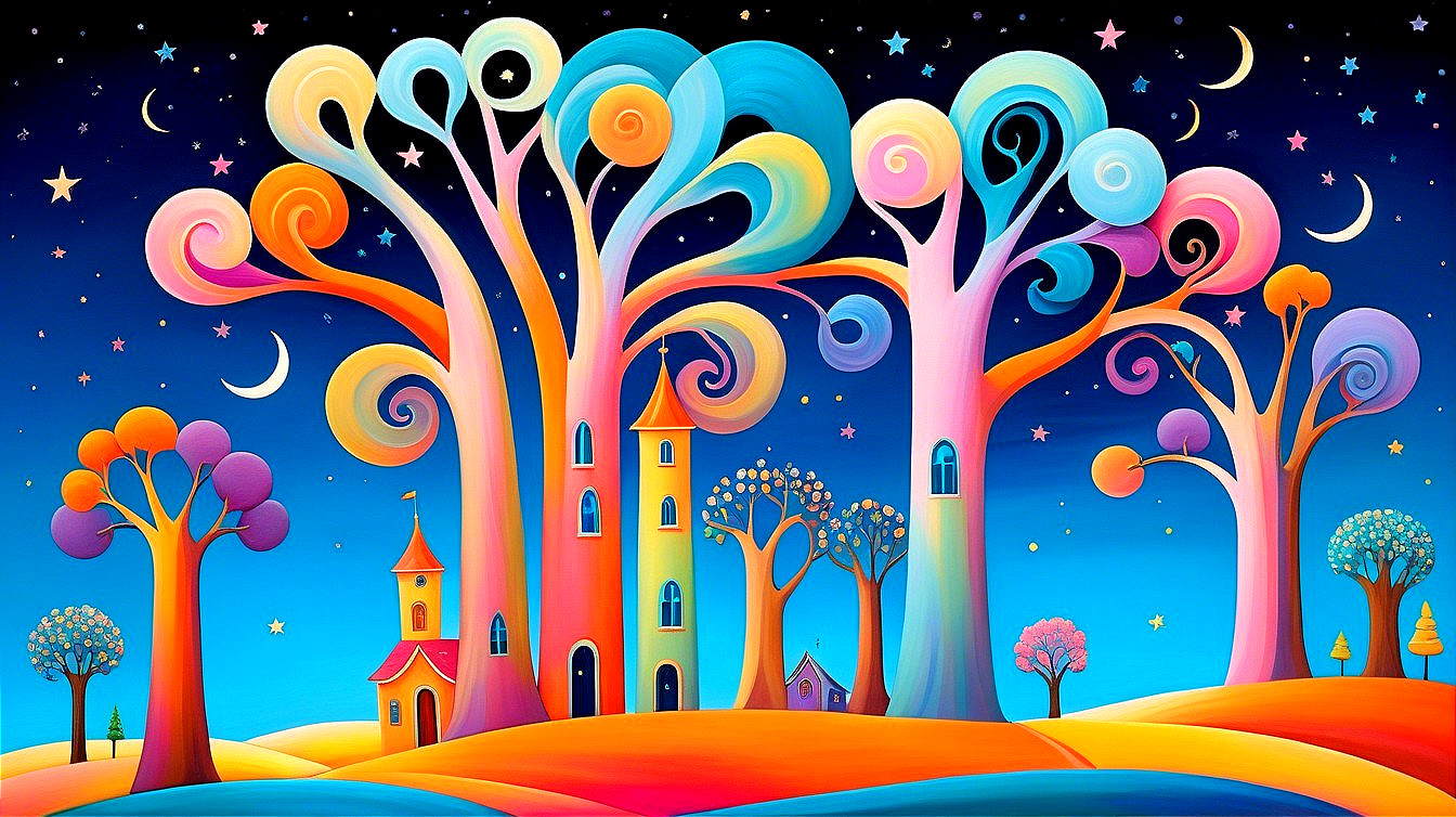 Whimsical Landscape with Colorful Trees and Moon