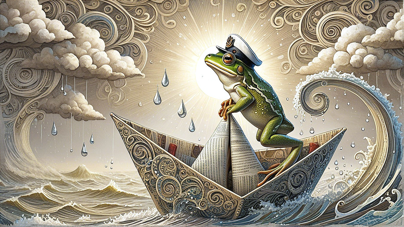 Whimsical Frog in Captain's Hat on Musical Boat