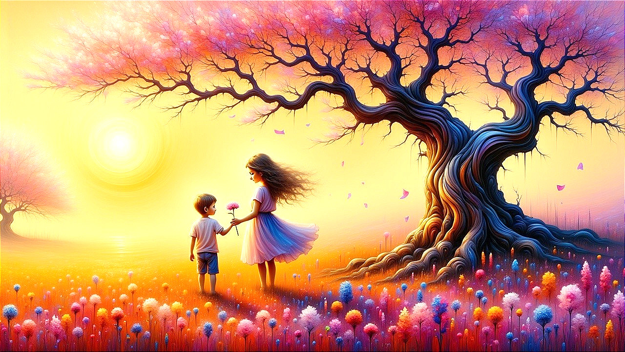 Dreamlike Landscape with Children Sharing a Flower