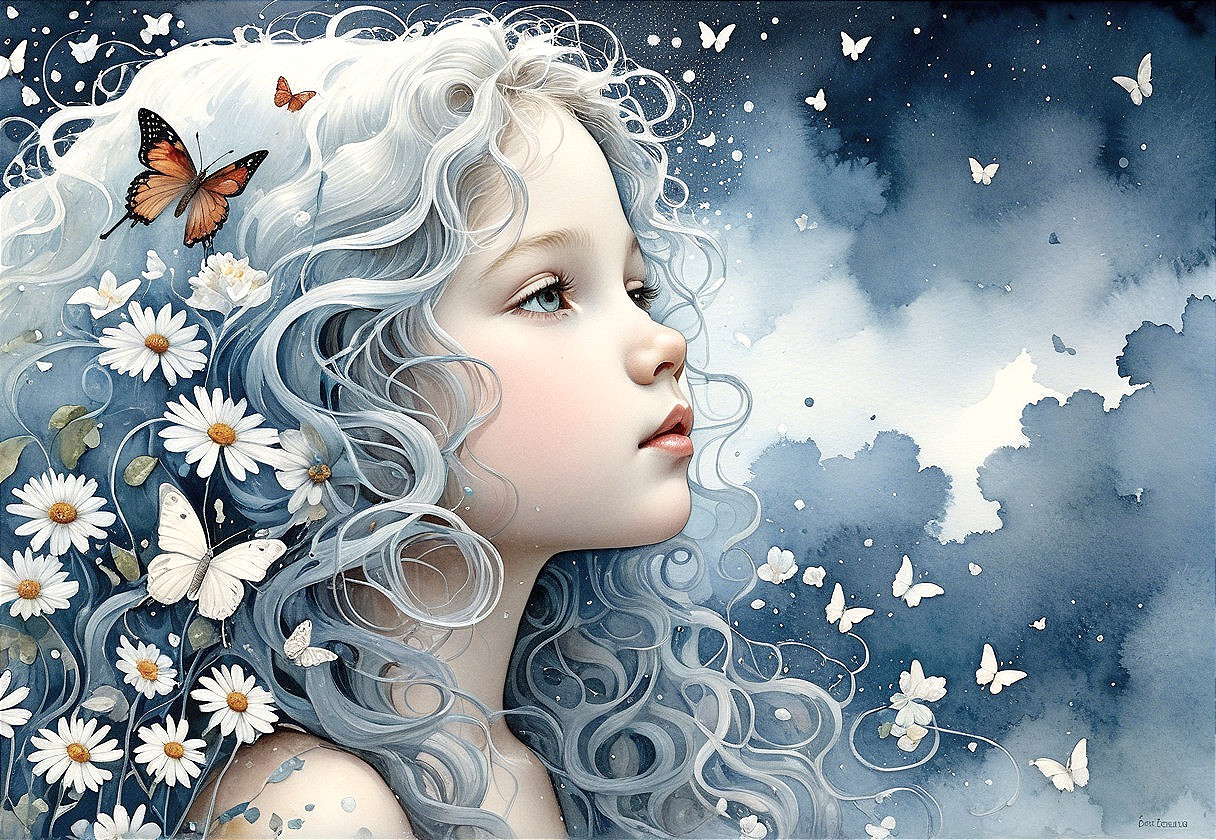 Young girl with silver hair in a whimsical setting
