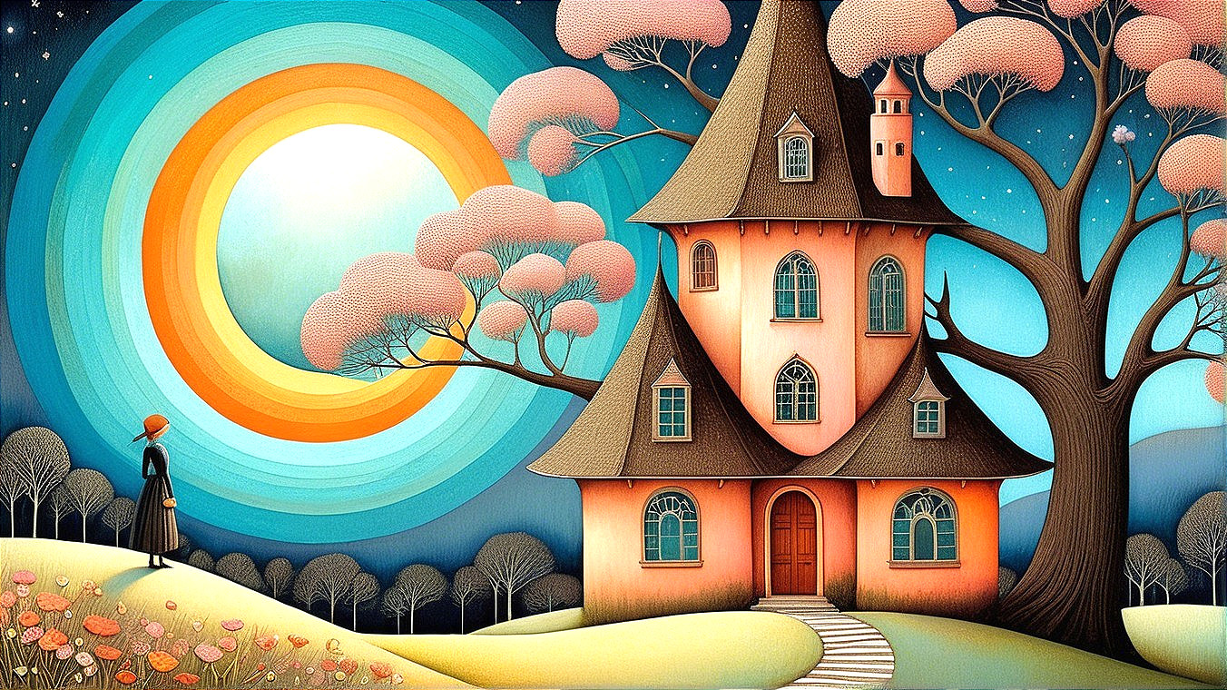 Whimsical Pink House with Rainbow and Pastel Trees