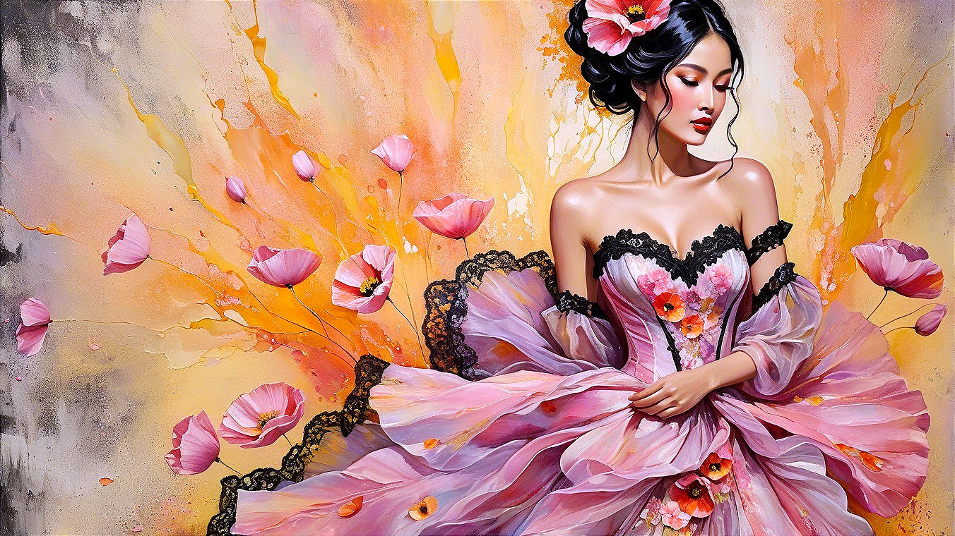 Elegant Woman in Pink Gown Surrounded by Flowers