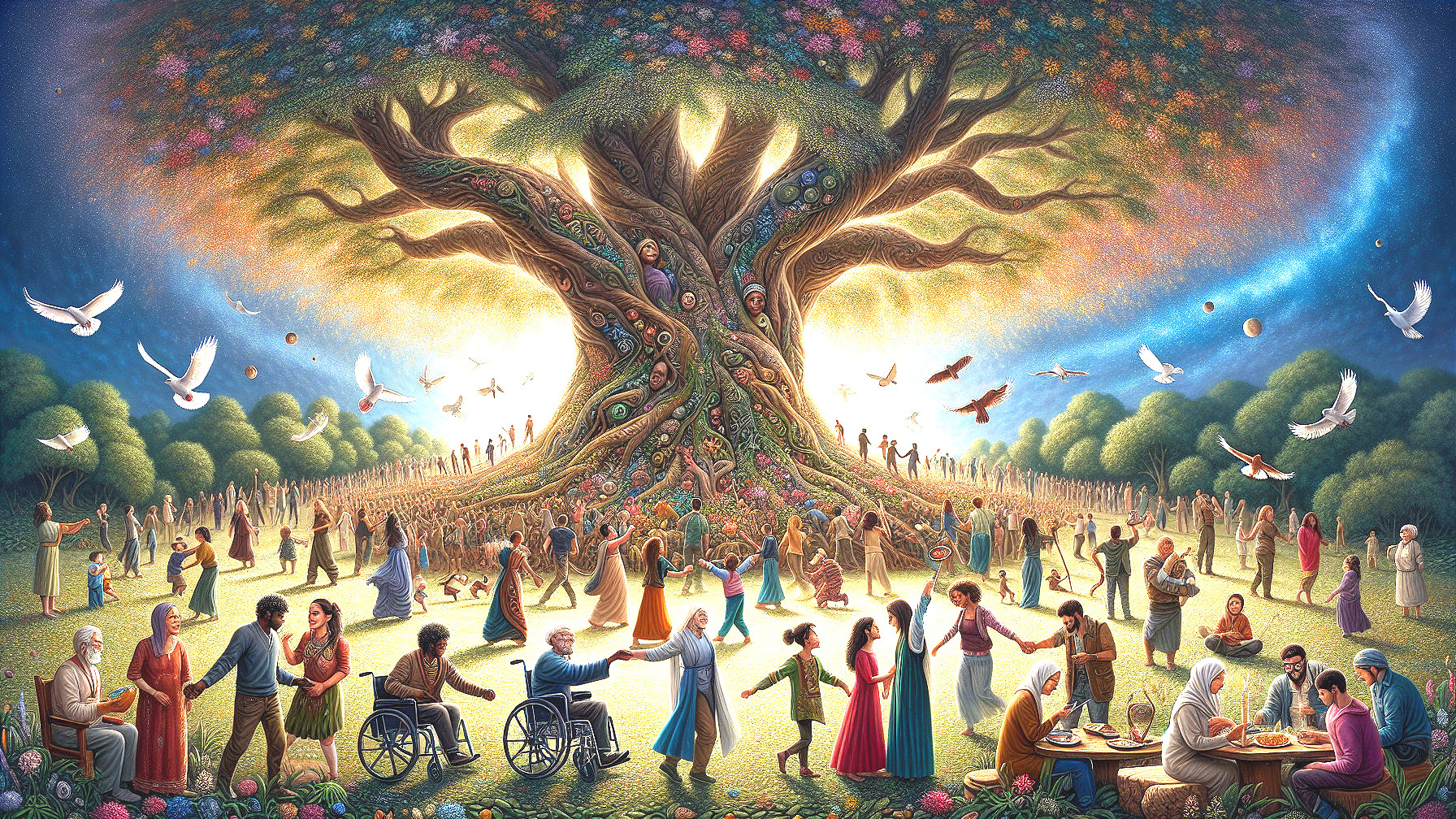 Majestic tree surrounded by people and birds in harmony