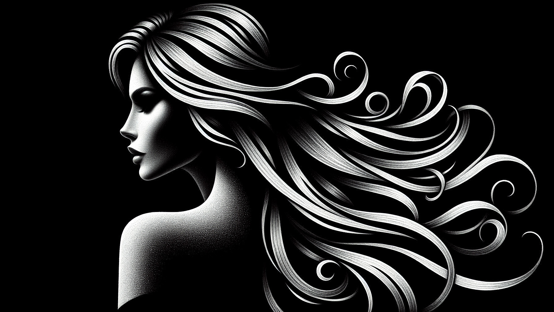 Silhouette of a Woman with Flowing Hair on Black Background
