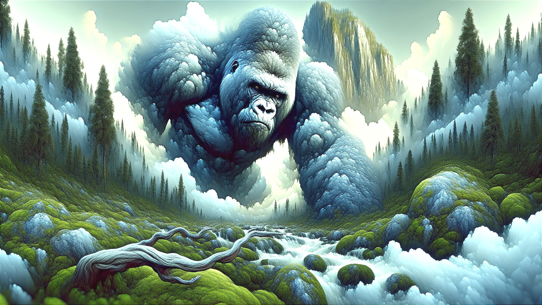 Colossal Gorilla in Surreal Dreamlike Landscape