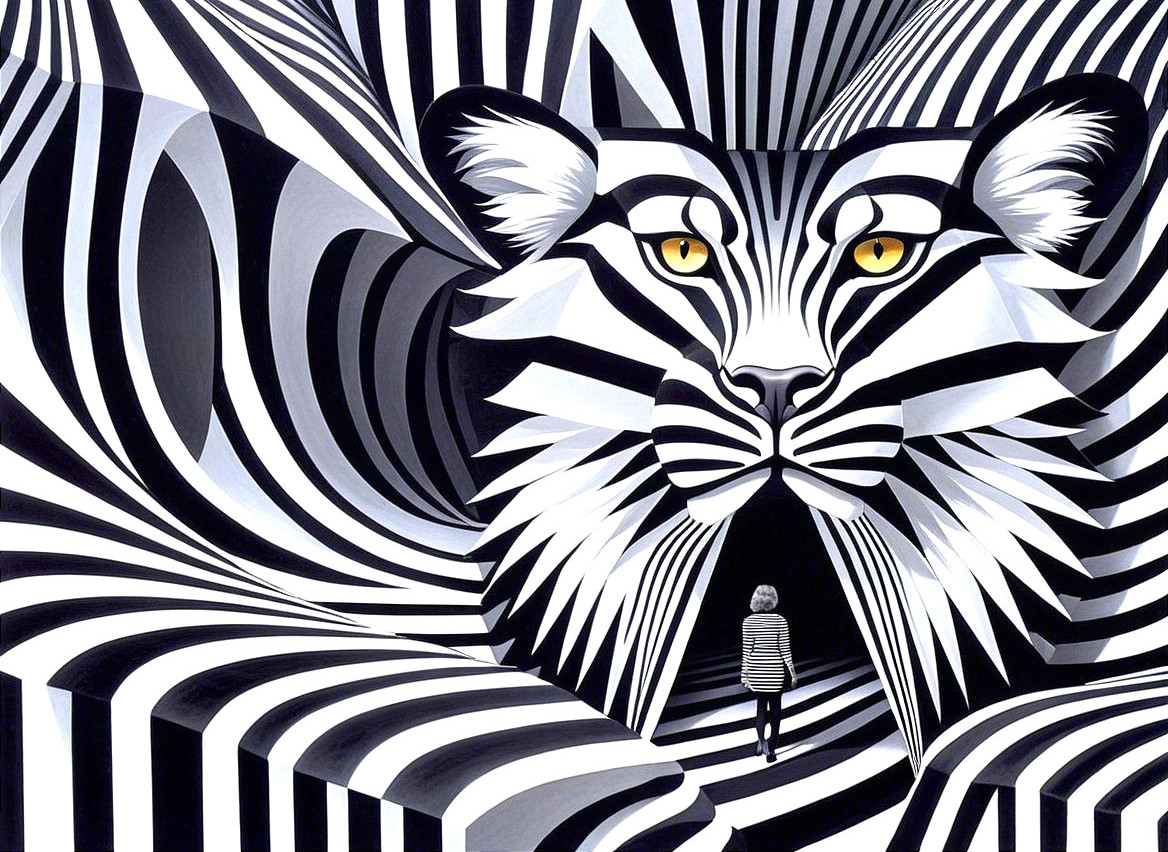 Colossal Tiger Face with Striped Tunnel Effect Illustration