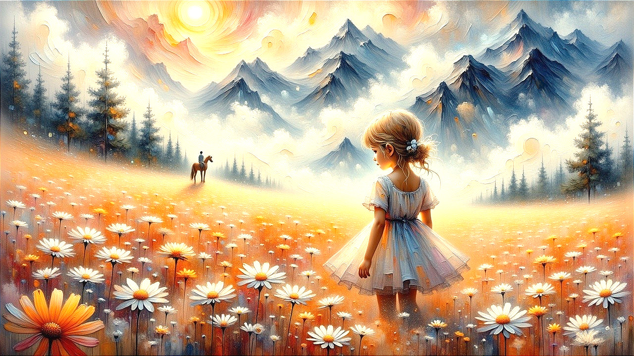 Serene Landscape with Girl in White Dress and Daisies