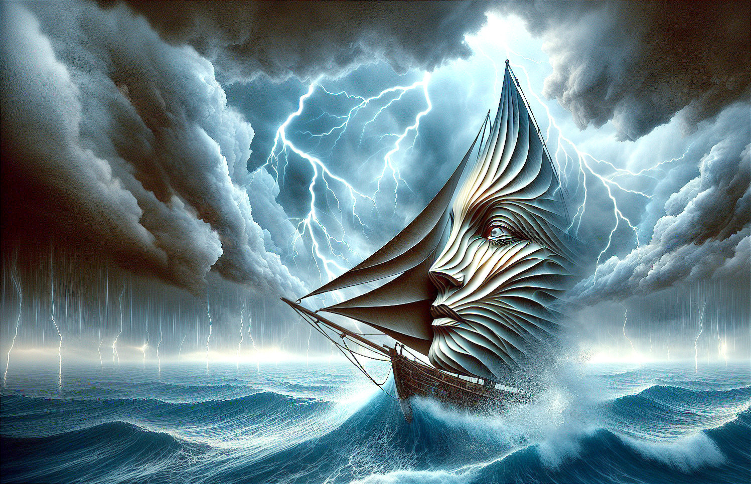 Surreal Boat in Turbulent Seas and Stormy Sky