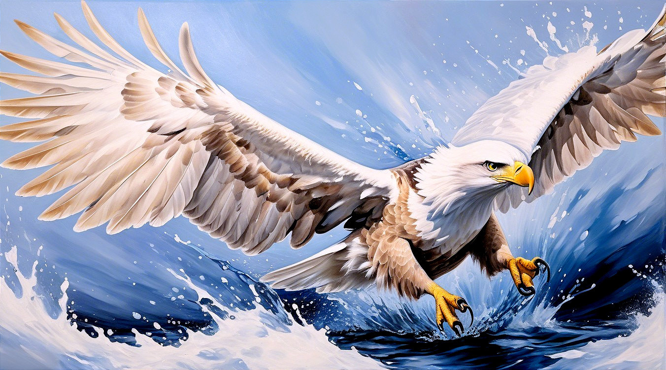 Eagle Taking Flight Over Water with Glistening Feathers