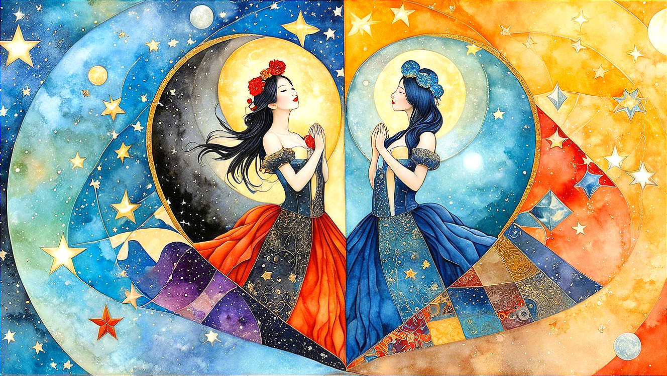 Women in Gowns Representing Light and Dark Themes