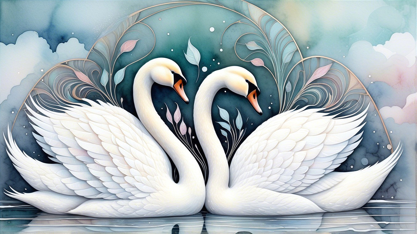 Elegant Swans Form Heart Shape in Serene Setting