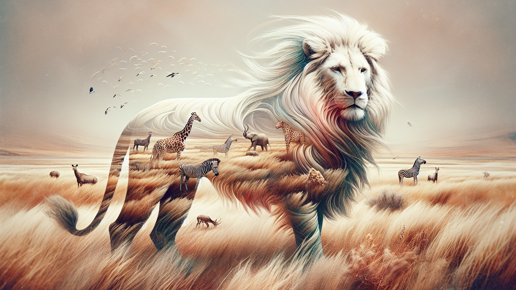 Majestic Lion in Golden Savanna with Wildlife