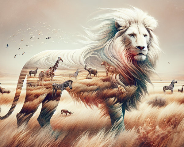 Majestic Lion in Golden Savanna with Wildlife
