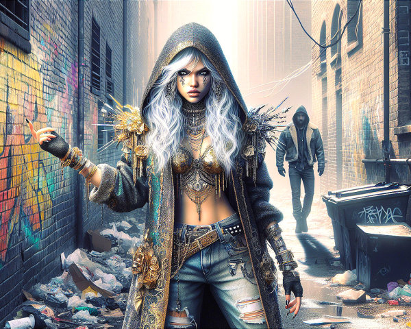 Urban Alley Scene with Hooded Figure and Graffiti