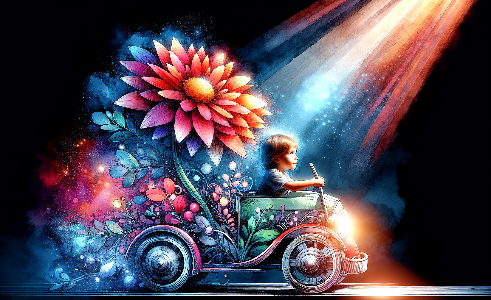 Whimsical Child Driving Vintage Car Surrounded by Nature
