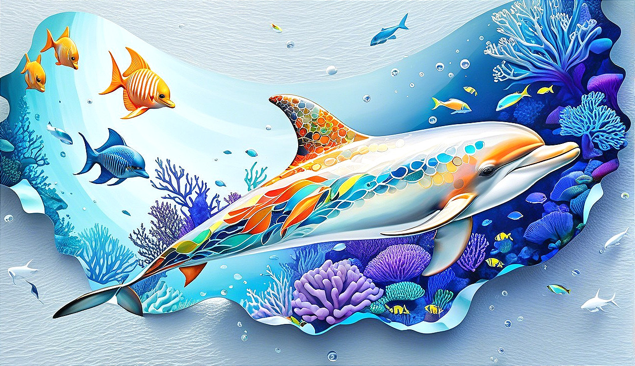 Vibrant Underwater Scene with Stylized Dolphin and Coral